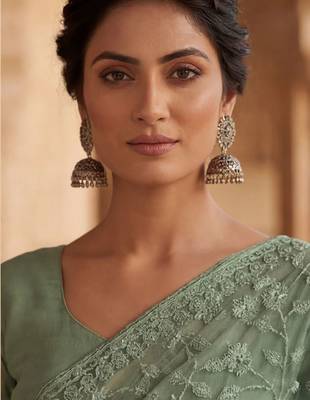Sea green floral embroidered net designer saree 4