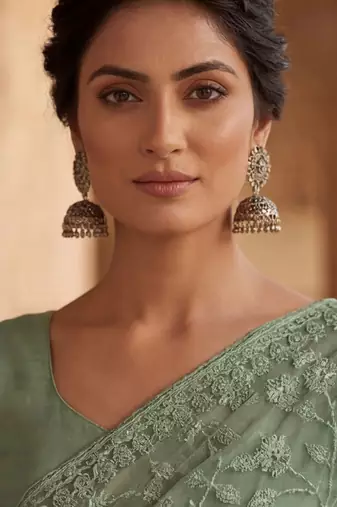 Sea green floral embroidered net designer saree