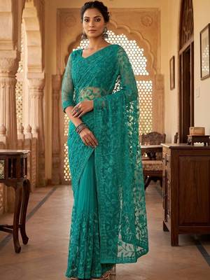 Teal embellished embroidered net designer saree 1