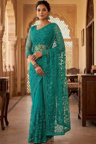 Teal embellished embroidered net designer saree