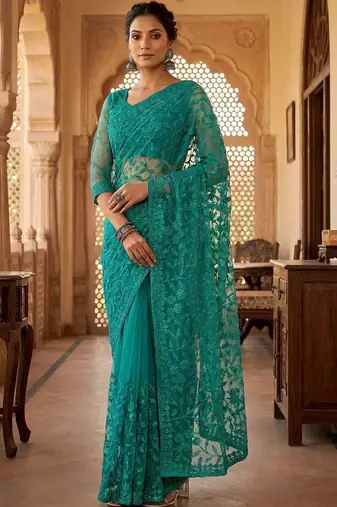 Teal embellished embroidered net designer saree