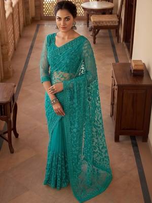 Teal embellished embroidered net designer saree 2