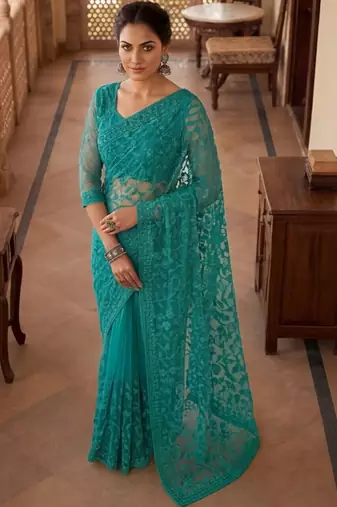 Teal embellished embroidered net designer saree