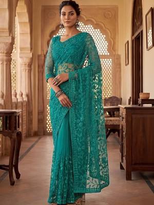 Teal embellished embroidered net designer saree 3