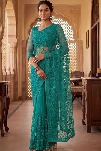 Teal embellished embroidered net designer saree