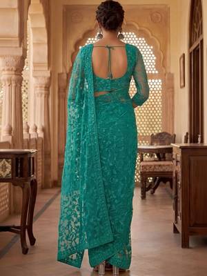Teal embellished embroidered net designer saree 4