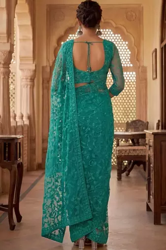 Teal embellished embroidered net designer saree