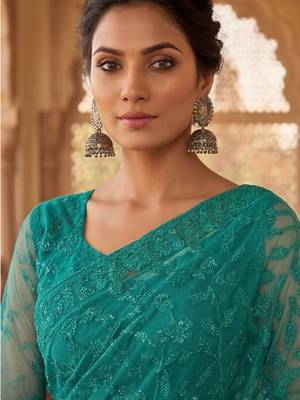 Teal embellished embroidered net designer saree 5