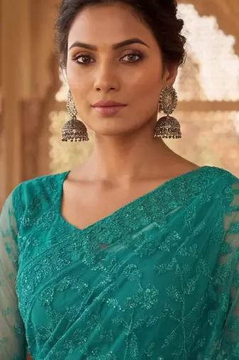 Teal embellished embroidered net designer saree