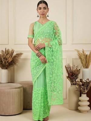 Lime floral embroidered net designer saree 1