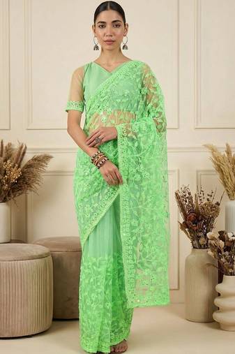 Lime floral embroidered net designer saree