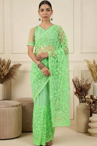 Lime floral embroidered net designer saree