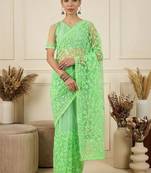 Lime floral embroidered net designer saree