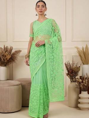 Lime floral embroidered net designer saree 2