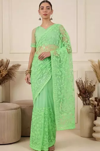 Lime floral embroidered net designer saree