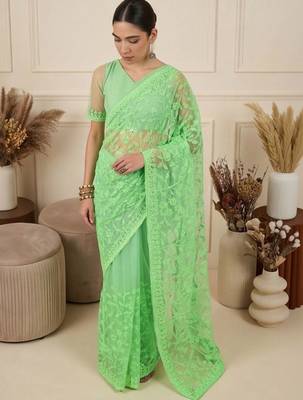 Lime floral embroidered net designer saree 3