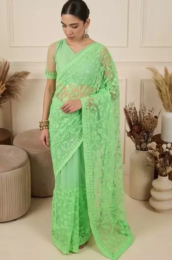 Lime floral embroidered net designer saree