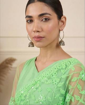 Lime floral embroidered net designer saree 4