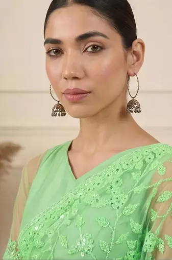 Lime floral embroidered net designer saree