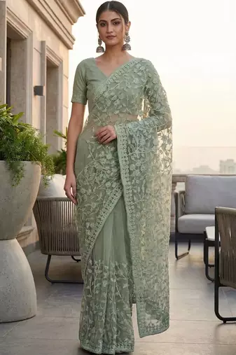 Sea green embellished embroidered net designer saree