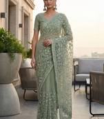 Sea green embellished embroidered net designer saree