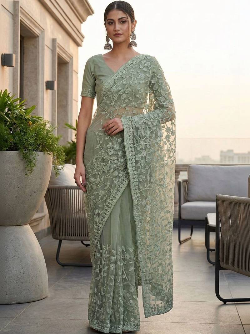 Sea green embellished embroidered net designer saree