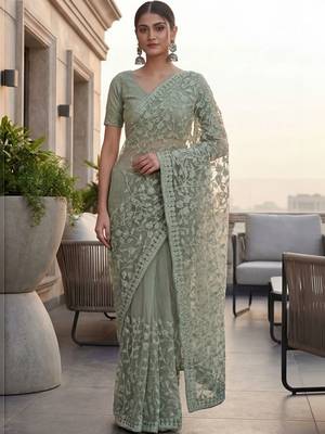 Sea green embellished embroidered net designer saree 2