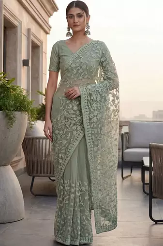 Sea green embellished embroidered net designer saree