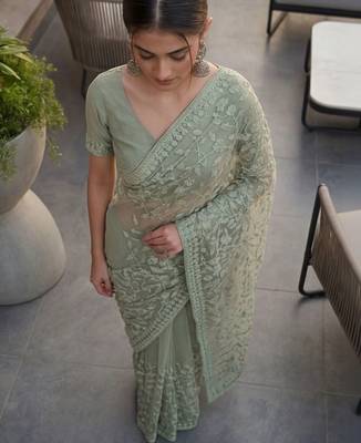 Sea green embellished embroidered net designer saree 3