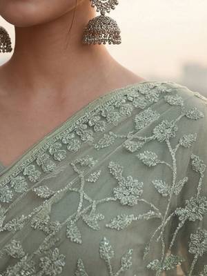 Sea green embellished embroidered net designer saree 4