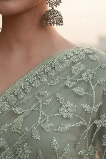Sea green embellished embroidered net designer saree