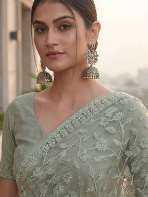Sea green embellished embroidered net designer saree 5
