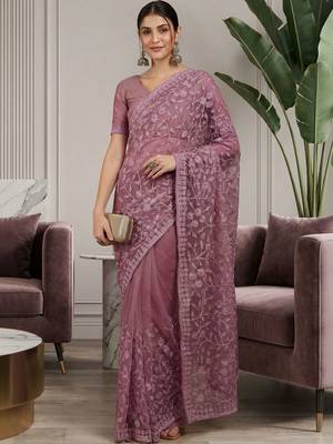 Purple embellished embroidered net designer saree 1
