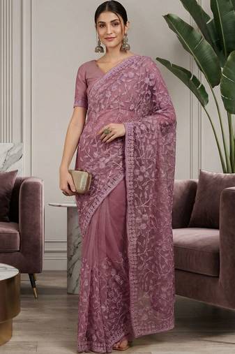 Purple embellished embroidered net designer saree