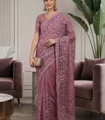 Purple embellished embroidered net designer saree