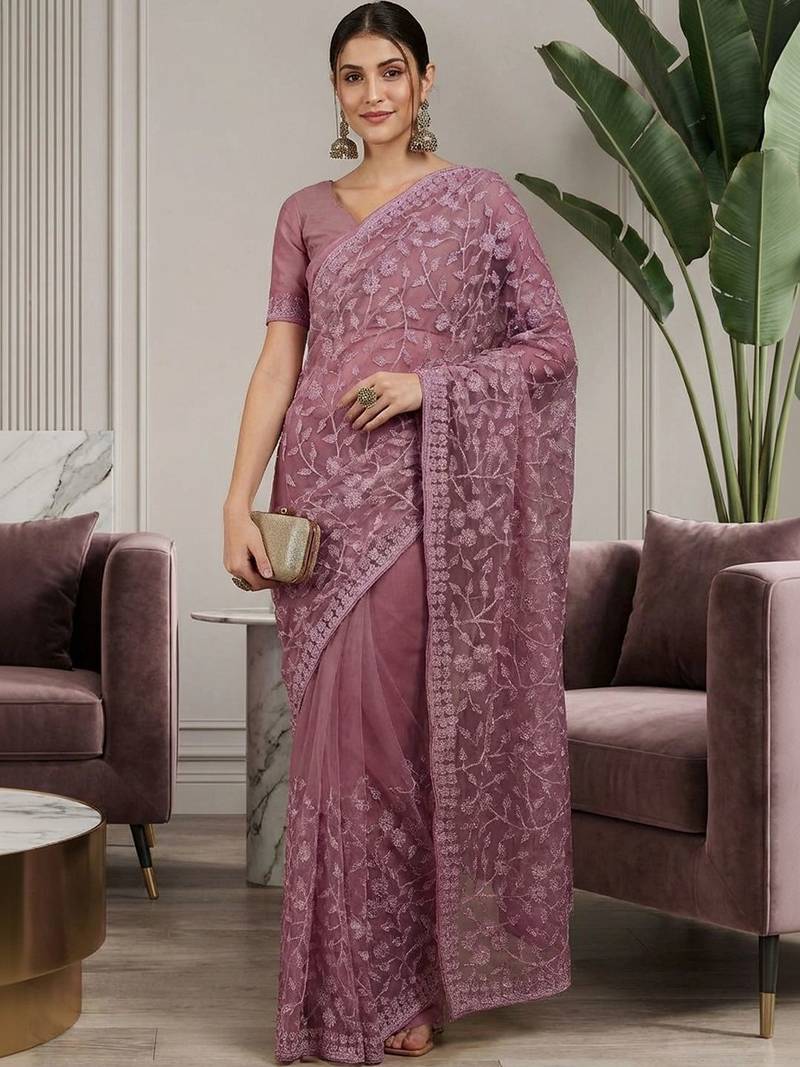 Purple embellished embroidered net designer saree