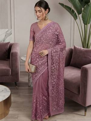 Purple embellished embroidered net designer saree 2