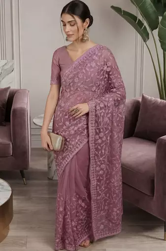 Purple embellished embroidered net designer saree
