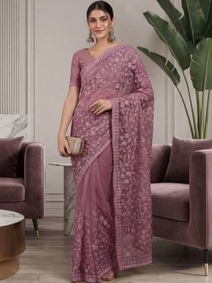 Purple embellished embroidered net designer saree 3