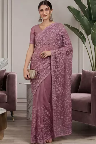 Purple embellished embroidered net designer saree