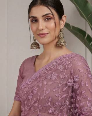 Purple embellished embroidered net designer saree 4