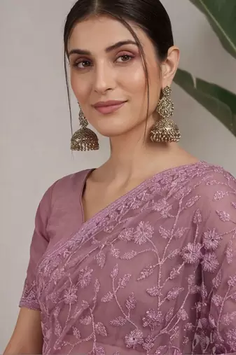 Purple embellished embroidered net designer saree