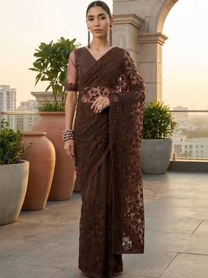 Brown embellished embroidered net designer saree 1