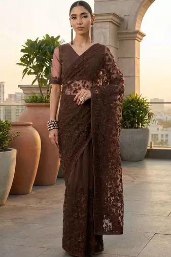 Brown embellished embroidered net designer saree