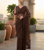 Brown embellished embroidered net designer saree