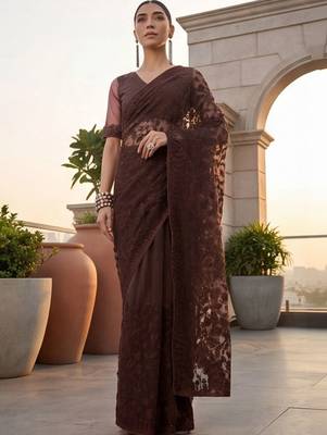 Brown embellished embroidered net designer saree 2