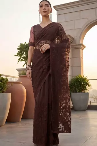 Brown embellished embroidered net designer saree