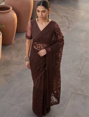 Brown embellished embroidered net designer saree 3