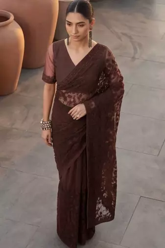 Brown embellished embroidered net designer saree
