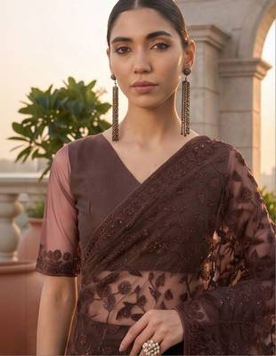 Brown embellished embroidered net designer saree 5